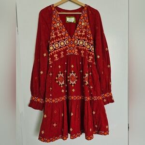 Anthropologie Dress Womens Red Embroidered Tiered Boho Aztec Southwestern Sz M